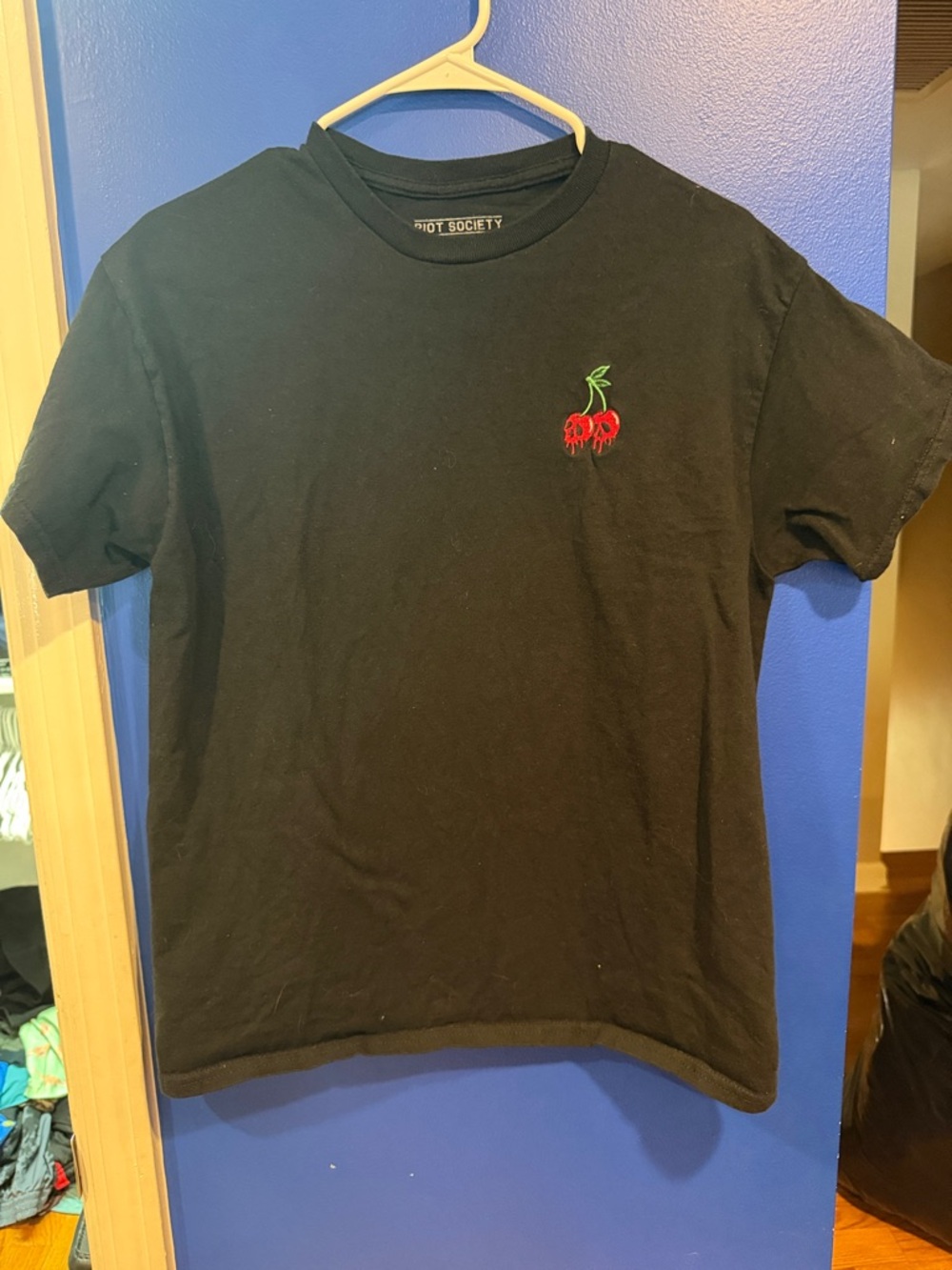 riot society Black T-Shirt with Red Cherry Embroidery